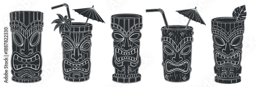 A collection of tiki cocktail mugs featuring intricate designs in black and white vector style, perfect for summer parties and tropical-themed events