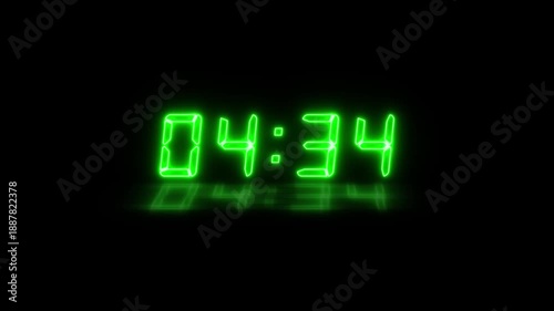 Abstract neon LED timer for 5 minutes countdown with reflection count animation on a black screen. Neon green digital number clock with reflection.
