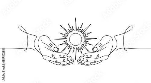 Hands holding light vector, continuous line drawing of palms supporting shining sun, energy, hope, and positivity symbol