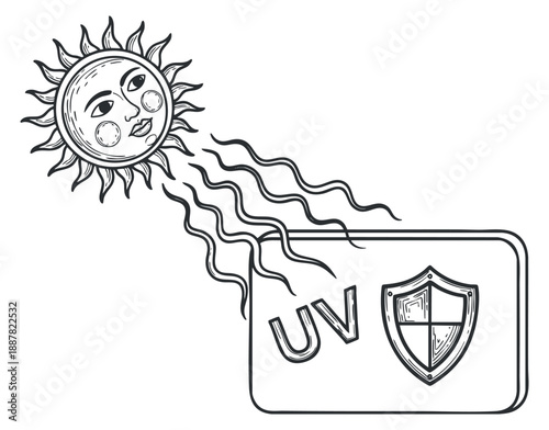 A cartoon sun emitting UV rays towards a shield icon in an outline sketch vector style, ideal for health and safety awareness.