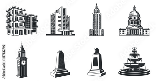 A collection of city landmarks including skyscrapers, a clock tower, and a fountain in black and white outline vector style, ideal for urban design projects