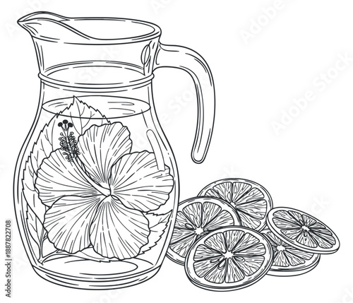 A pitcher of water with a hibiscus flower and lemon slices in black and white outline vector style, perfect for summer beverage designs