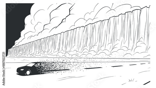 A dynamic illustration of a speeding car kicking up dirt on a road with a dramatic landscape in black and white outline style, suitable for automotive themes and designs