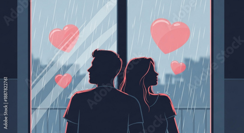 Couple standing together gazing out window on rainy day with heart
