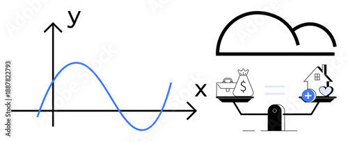 Data visualization. Data visualization using a sine wave graph and a scale financial balance. Data insights with cloud integration for modern business strategies. Data science, finance, cloud
