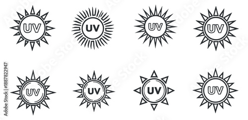 A collection of UV protection symbols in black outline vector style, ideal for health and safety branding or educational materials