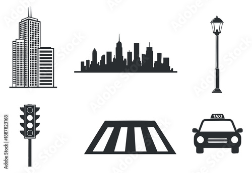 A collection of urban elements including skyscrapers, traffic lights, a taxi, and a street lamp in black and white vector style, perfect for city-themed designs