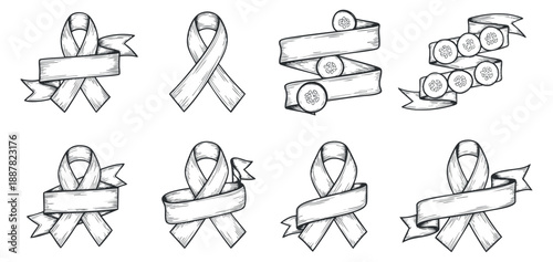 A collection of awareness ribbons and decorative banners in outline black and white vector style, suitable for charity events and support campaigns