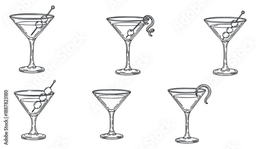 A set of outline martini glasses with olives in minimalist vector style, perfect for bar menus and cocktail branding