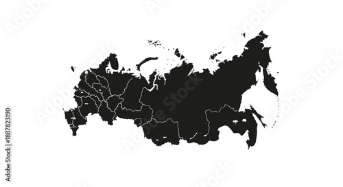 Russia map silhouette with administrative borders, black vector map of Russian Federation, detailed geographic outline for infographics