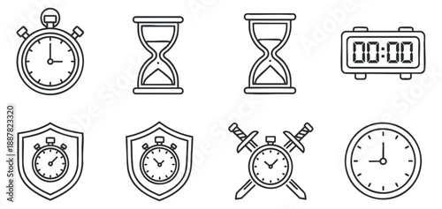 A collection of time-related icons including a stopwatch, hourglass, and digital clock in clean outline vector style, perfect for time management and productivity themes