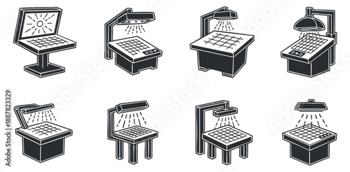 A collection of scanning devices including flatbed scanners and document cameras in black and white vector style, ideal for technology and office illustrations