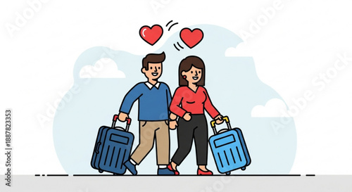 Loving couple walking with luggage on vacation together
