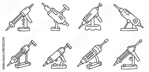 A collection of tattoo machines in clean outline vector style, suitable for tattoo studio branding and artistic projects