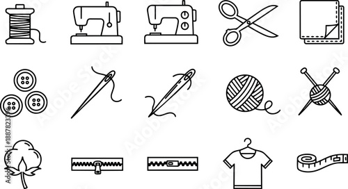 Line art sewing icon set close up assorted tailoring tools spool scissors needles sewing machine buttons fabric zipper shirt measuring tape