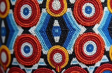 Close up view of intricate Maasai beadwork from Kenya. Colorful circular and triangular patterns in red, blue, white, yellow, and black showcase traditional craftsmanship and tribal culture.