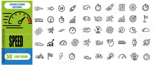Speed outline icon set. Containing fast, slow, movement, indicator, turbo, speeding, productivity, speedometer, and more. Editable stroke. Vector illustration, 