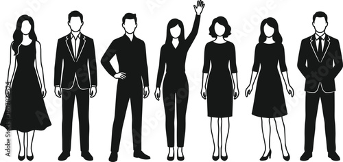 Collection, of, diverse, professional, business, people, silhouettes, standing, in, a, row, with, a, woman, waving, isolated, on, white, background, set