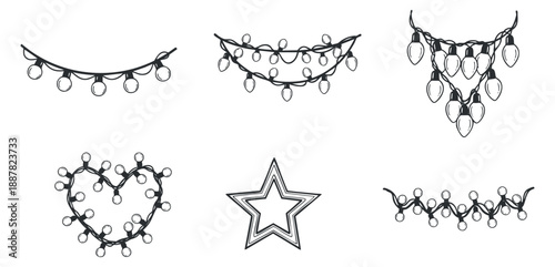 A collection of decorative string lights and ornaments in black outline vector style, perfect for festive celebrations and holiday designs