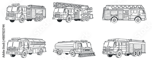 A collection of six fire truck illustrations in black and white outline vector style, suitable for emergency services graphics