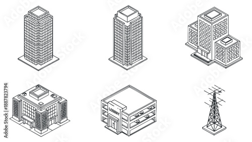 A collection of various building designs including skyscrapers, office buildings, and communication towers in black and white outline vector style, suitable for architectural projects and urban design