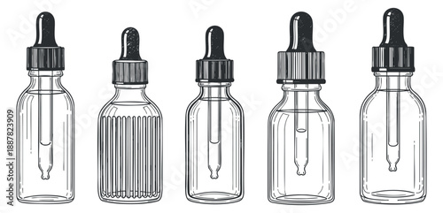 A collection of five glass dropper bottles in outline vector style, ideal for cosmetic and health product designs