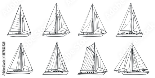A collection of nine sailboats in black and white line art style, suitable for nautical-themed designs and marine illustrations