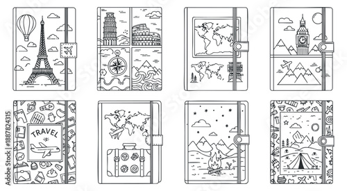 A collection of travel-themed notebooks featuring iconic landmarks and maps in black and white outline vector style, perfect for travel enthusiasts and planners