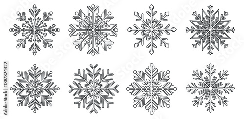 A collection of eight intricate snowflake designs in black outline vector style, ideal for winter-themed graphics and holiday decorations
