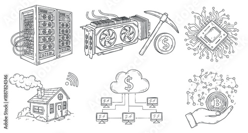 A collection of cryptocurrency and technology illustrations including servers, mining tools, and cloud concepts in detailed vector style, ideal for tech-related projects