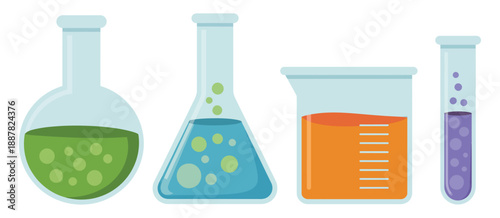Science experiment illustration, laboratory glassware including test tubes, flasks, and beakers with bright liquids, chemistry education and lab work concept, vibrant vector design
