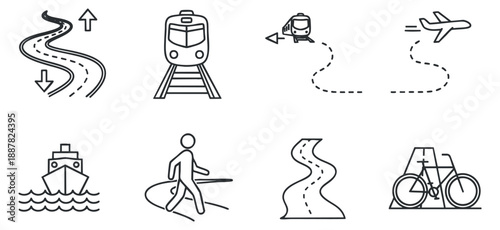 A set of transportation icons including a winding road, train, airplane, boat, and bicycle in black outline minimalist vector style, suitable for travel and navigation projects