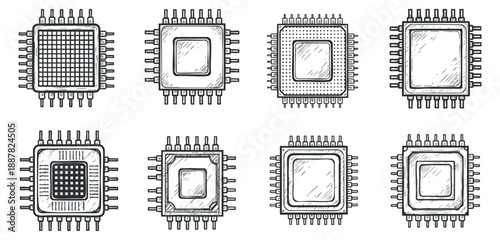 A collection of microchip designs in detailed outline vector style, suitable for technology and electronics projects