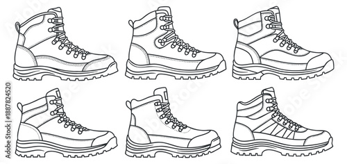 A collection of six hiking boots in detailed black and white line art vector style, ideal for outdoor gear design