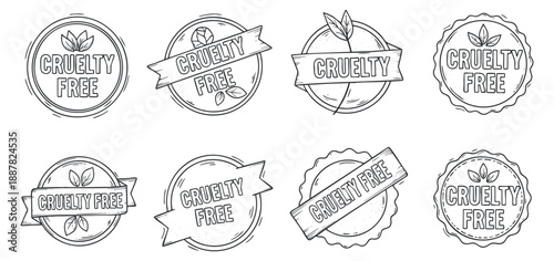 A collection of cruelty-free certification badges in outline minimalist vector style, perfect for eco-friendly product branding