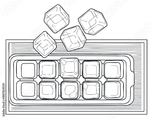 An outline illustration of an ice cube tray with several ice cubes in a minimalist vector style, ideal for kitchen design or beverage themes