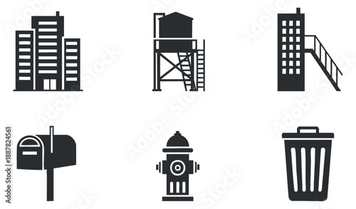 A collection of urban icons including buildings, a water tower, a mailbox, a fire hydrant, and a trash can in black and white vector style, perfect for city planning and infrastructure projects