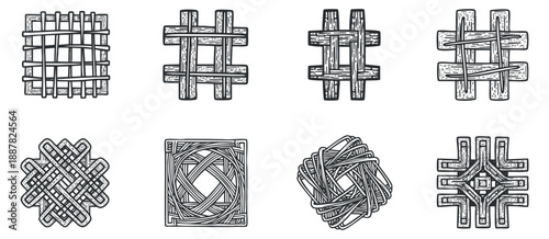 A collection of woven patterns and textures in black and white line art style, suitable for textile design and craft projects