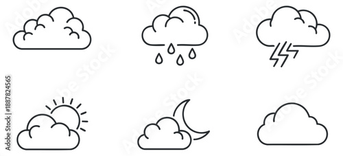 A collection of weather icons featuring clouds, rain, sun, moon, and lightning in minimalist outline vector style, suitable for weather apps or educational materials