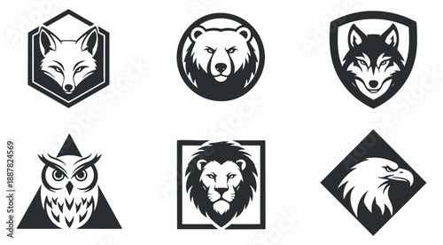 A collection of animal logos featuring a fox, bear, owl, lion, and eagle in black and white geometric vector style, ideal for branding and design projects
