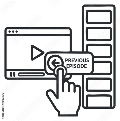 A hand pressing a 'previous episode' button on a video player interface in clean outline vector style, suitable for app design and user experience