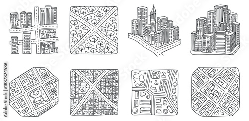 A collection of city maps and urban layouts in detailed black and white outline vector style, suitable for urban planning projects