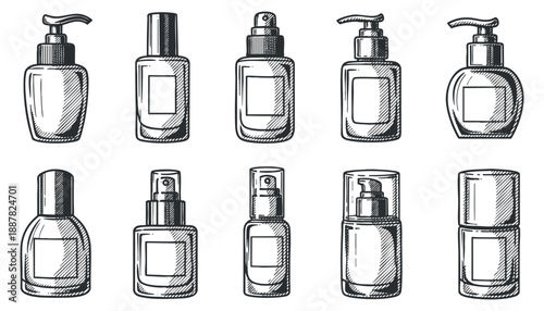 A collection of various cosmetic and skincare bottles in hand-drawn sketch style, perfect for beauty product branding