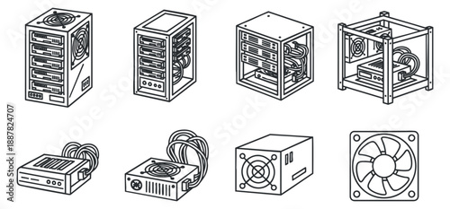 A collection of various computer hardware components including power supplies and fans in clean outline vector style, suitable for technology and engineering projects