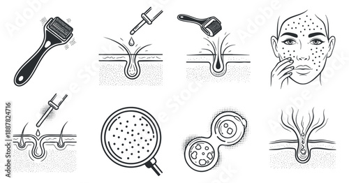 A collection of skincare treatment icons, including a roller, serum dropper, and facial illustration in black and white outline style, ideal for beauty and wellness projects