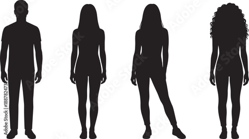 Collection, of, diverse, young, people, silhouettes, standing, in, various, poses, featuring, men, and, women, isolated, on, white, background, vector, set