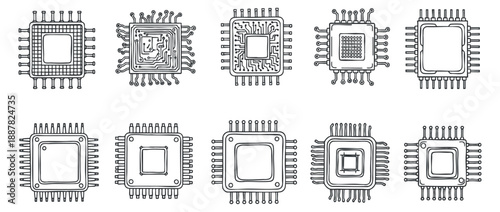 A collection of ten microchip illustrations in outline vector style, ideal for technology and electronics projects