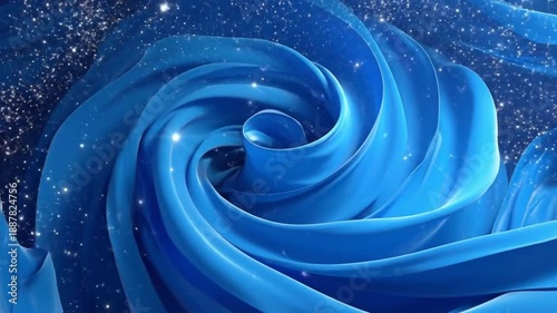 Abstract blue silk waves flowing with sparkling particles, creating a dynamic and elegant background.