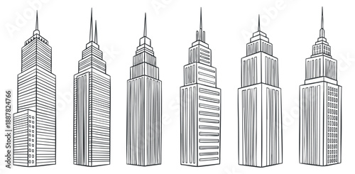 A collection of six iconic skyscrapers in black and white outline vector style, perfect for architectural design and urban illustrations
