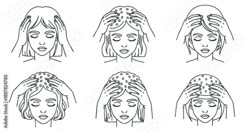 A collection of six outline vector illustrations depicting different facial massage techniques, ideal for wellness and spa branding